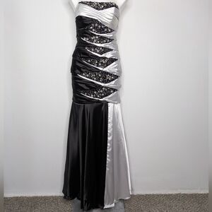 Vintage Jasz Couture Black White Satin Beaded Strapless Maxi Gown Dress 6